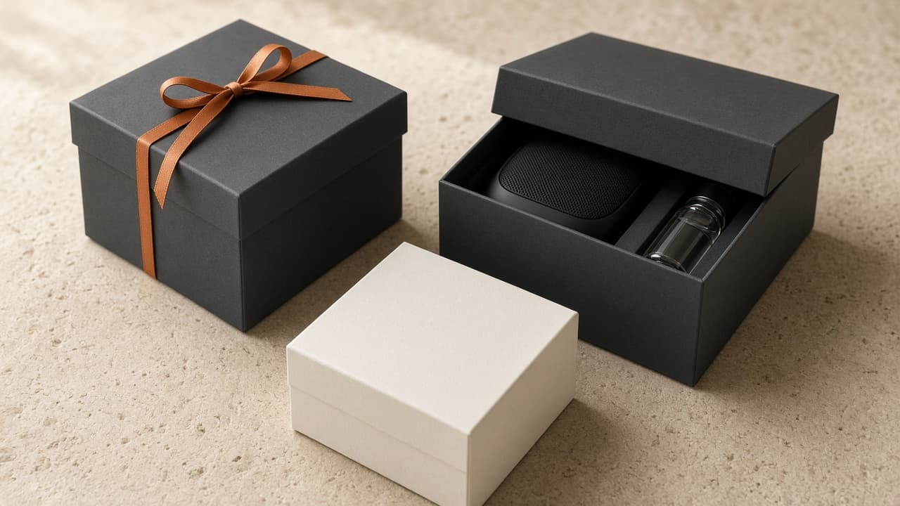 Charcoal and ivory surprise boxes, one open just enough to show a speaker and a small bottle